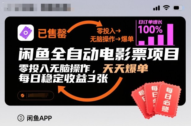 闲鱼全自动电影票项目，零投入无脑操作，天天爆单，每日稳定收益3张【揭秘】_就是爱分享