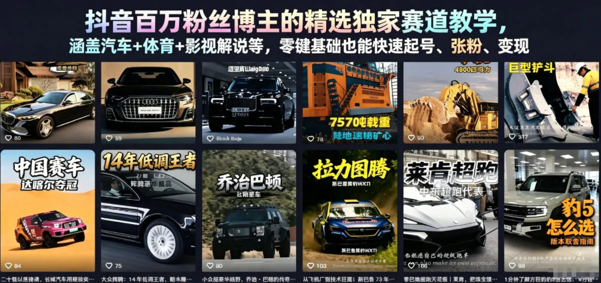 抖音百万粉丝博主的精选独家赛道教学，涵盖汽车+体育+影视解说等，零基础也能快速起号、涨粉、变现_一起云网创