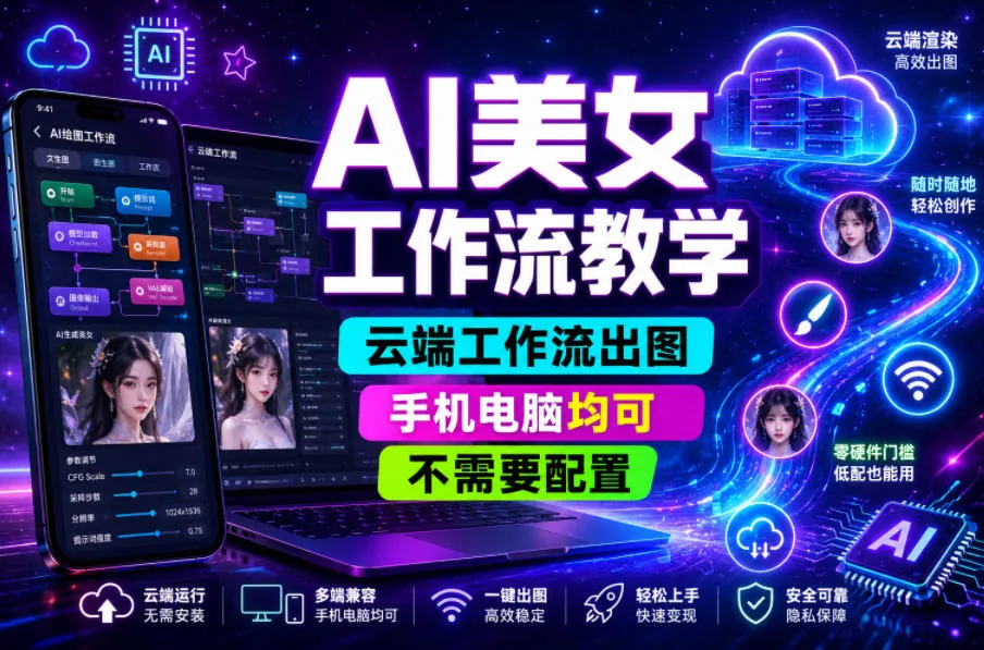 AI美女工作流教学，云端工作流出图，手机电脑均可，不需要配置，快速起号涨粉_一起云网创