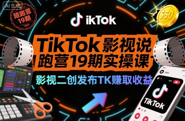 TikTok影视解说陪跑营19期实操课，影视二创发布TK賺取收益，万播收益50美金_就是爱分享
