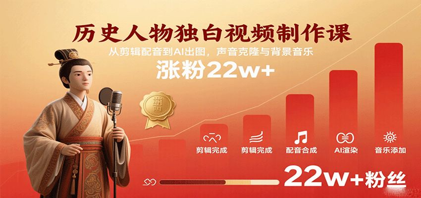 历史人物独白视频制作课，从剪辑配音到AI出图，声音克隆与背景音乐，涨粉22w+_就是爱分享