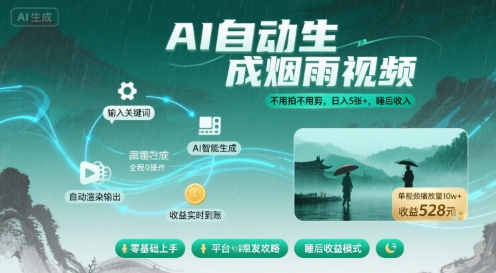 不用拍不用剪！AI自动生成烟雨视频，日入5张+，睡后收入_就是爱分享