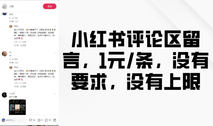 小红书评论区留言，1元条，没有要求，没有上限_就是爱分享