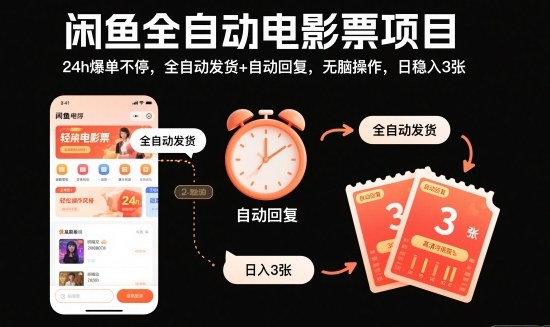 闲鱼全自动电影票项目，24h爆单不停，全自动发货+自动回复，无脑操作，日稳入3张【揭秘】_就是爱分享