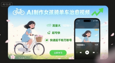 AI制作女孩骑单车治愈视频，流量大，起号快，快速起千粉万粉号_就是爱分享