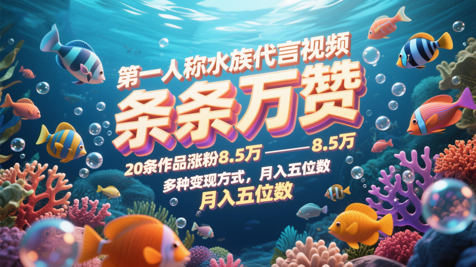 第一人称水族代言视频，条条万赞，20条作品涨粉8.5万，多种变现方式月，入五位数_就是爱分享